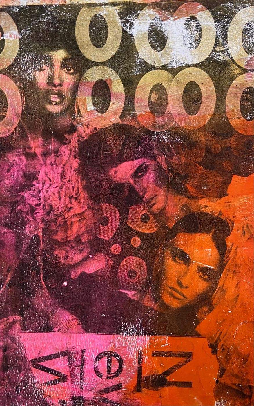 Gelli-Plate-Arbeit mit Kreismotiven in Pink und Orange